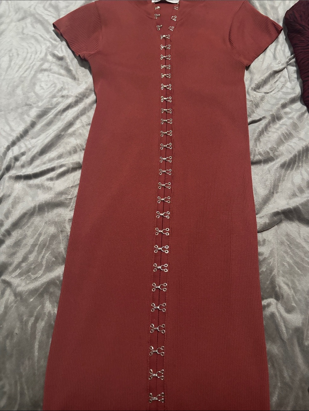 Zara Brick Red Ribbed Midi Dress with Hook-Front Detail